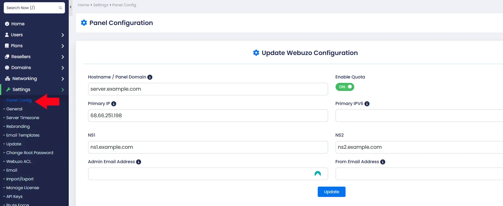 webuzo panel config settings